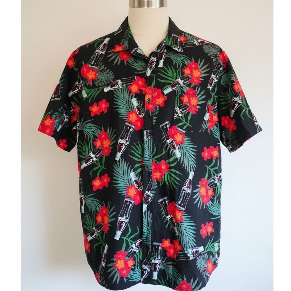 Coca Cola Hawaiian Shirt Men's XL Black Red Floral Aloha Button Up Summer Cotton